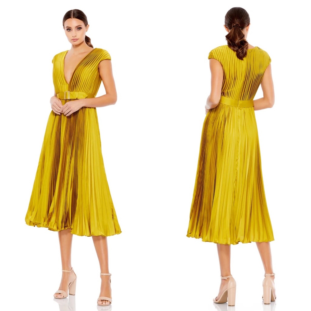 NWT Mac Duggal 26483 Pleated Cap Sleeve Belted A Line Midi Dress - Picture 1 of 7